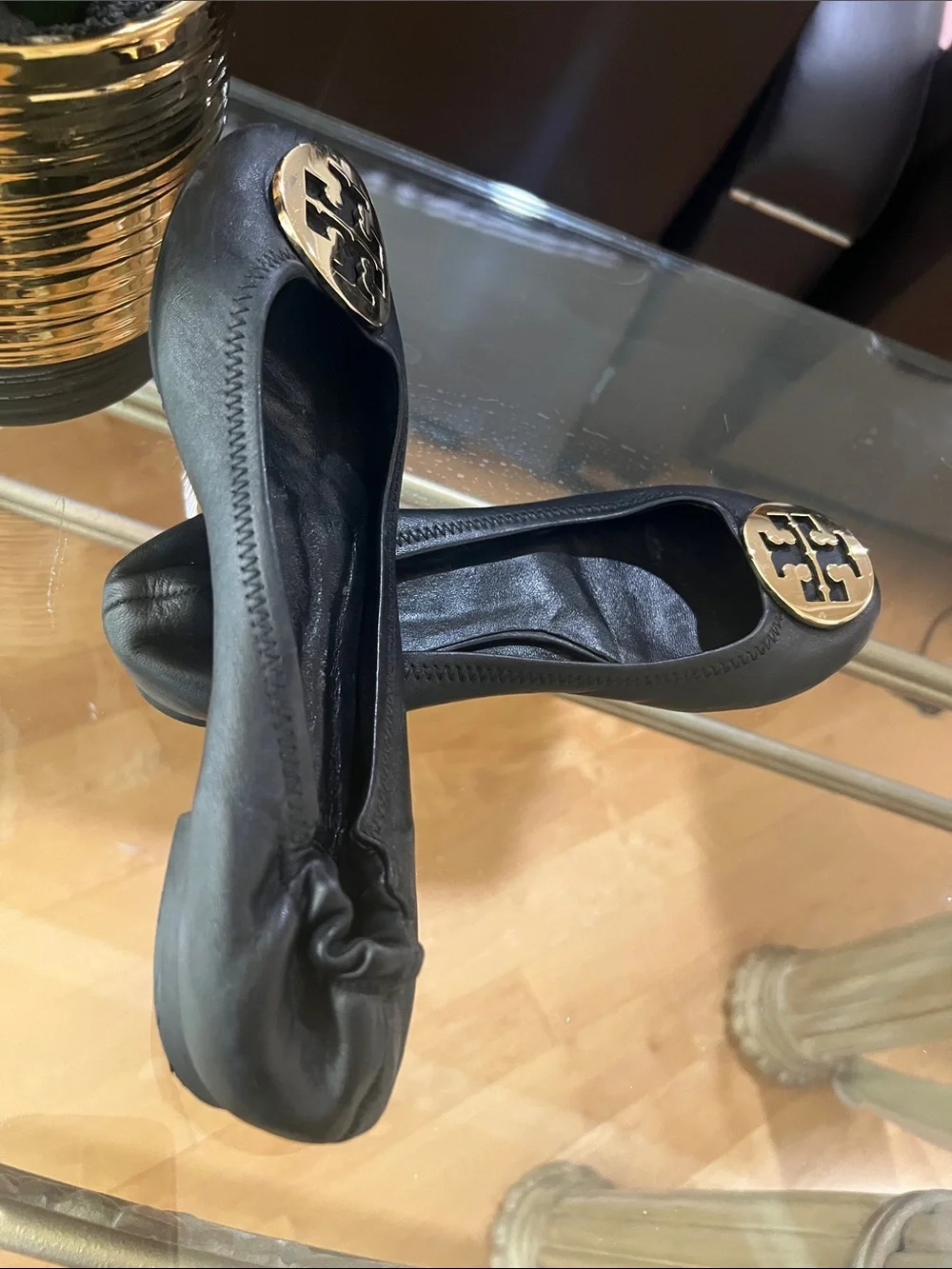 Tory Burch Black Leather Logo Ballet Flats with Gold Emblem